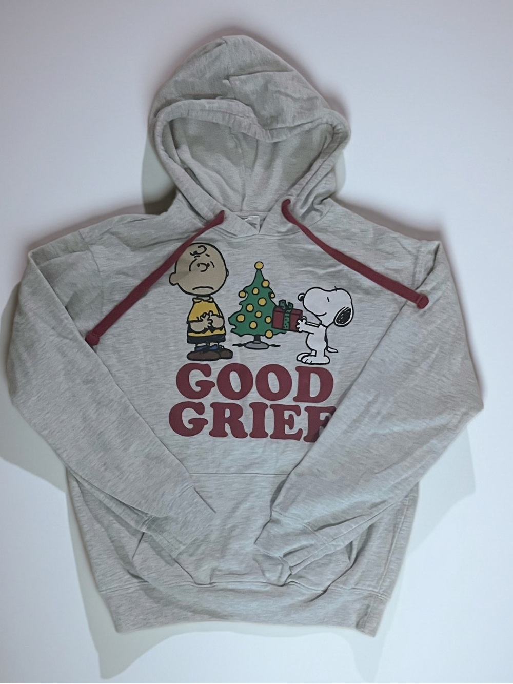 Peanuts Light Gray 'Good Grief' Crewneck Sweatshirt with Maroon Accents